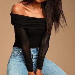 Lulus Black Mesh Ruched Off-the-Shoulder Bodysuit
